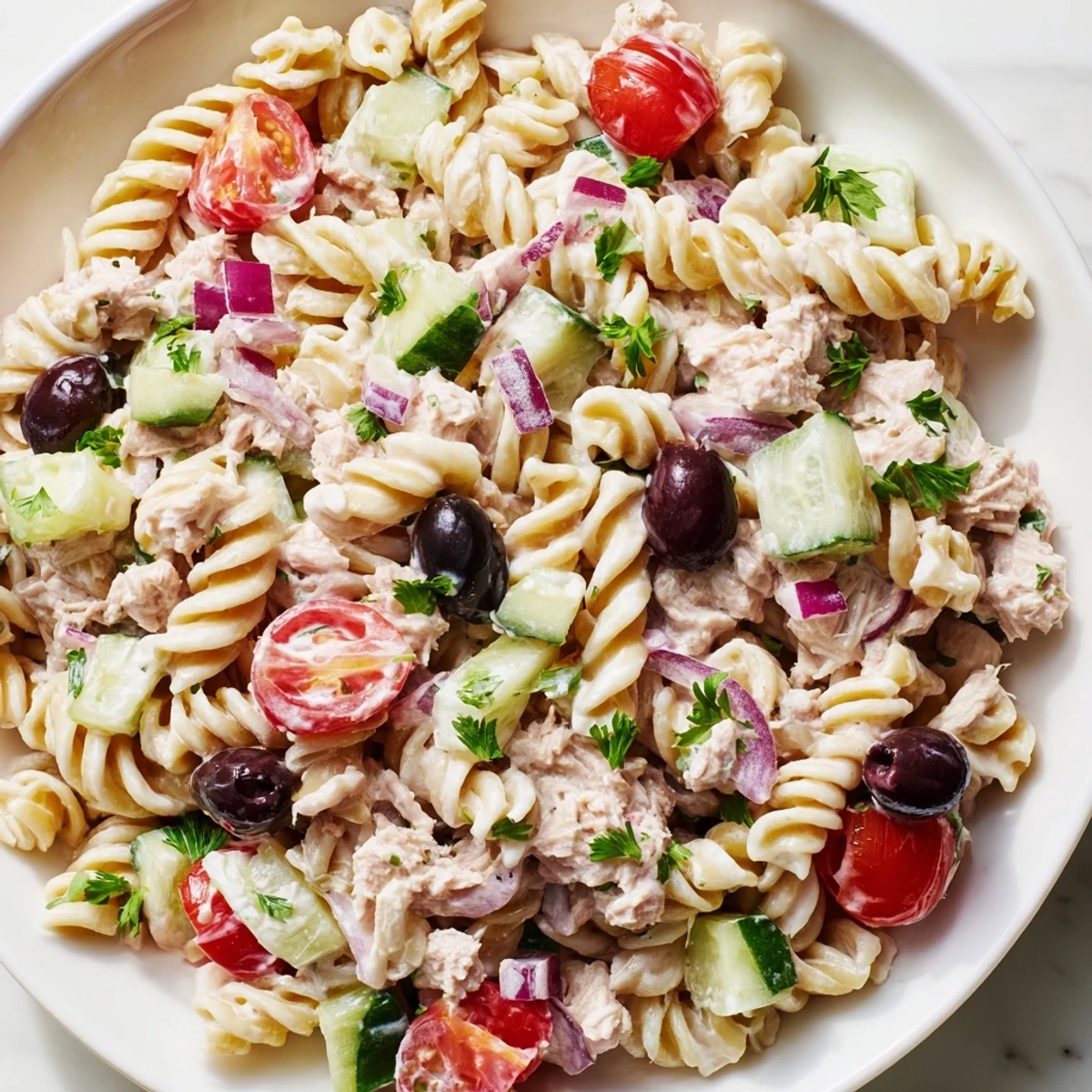Creamy tuna pasta salad in a serving bowl with colorful vegetables and fresh herbs
