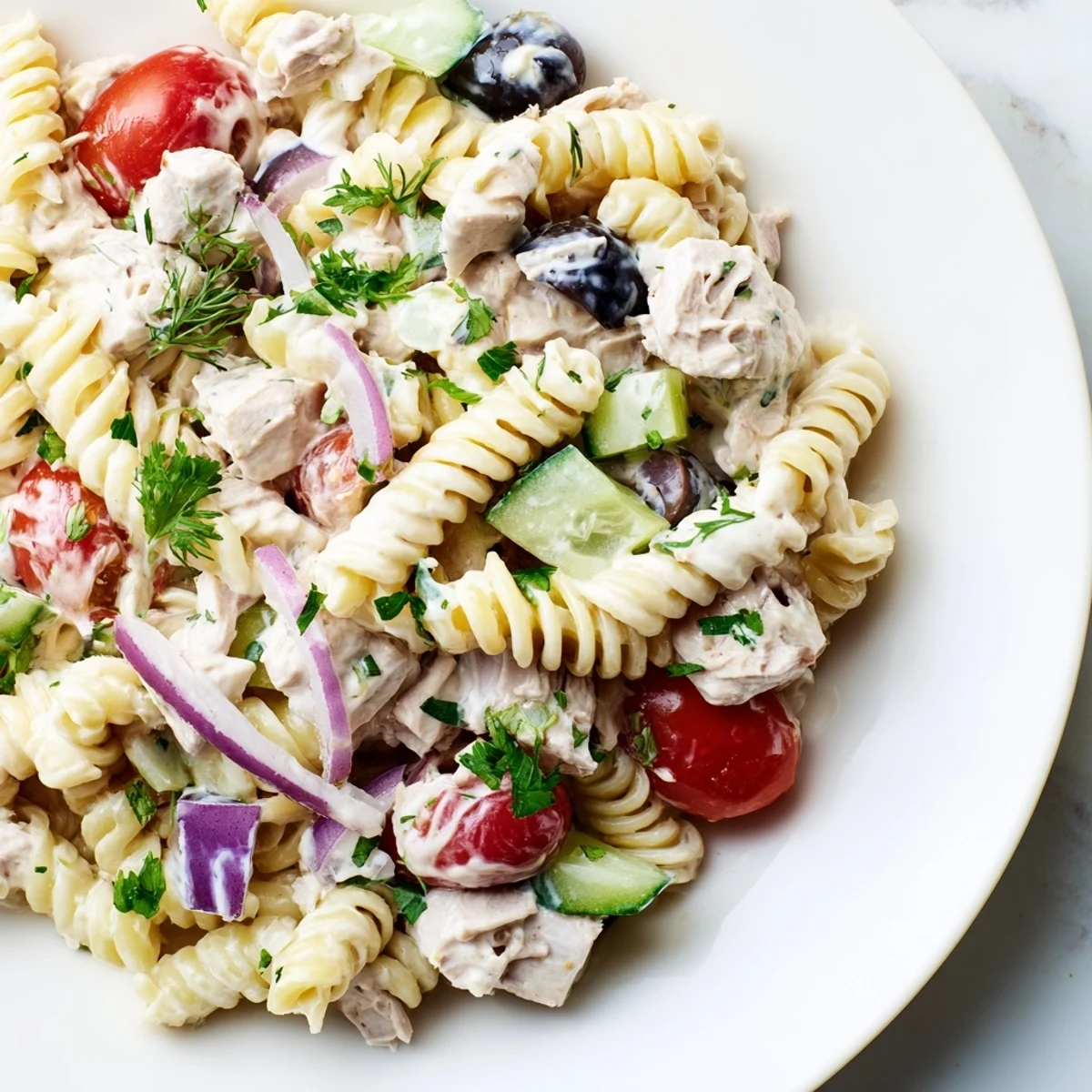 Chilled tuna pasta salad featuring crisp vegetables tossed in rich creamy dressing