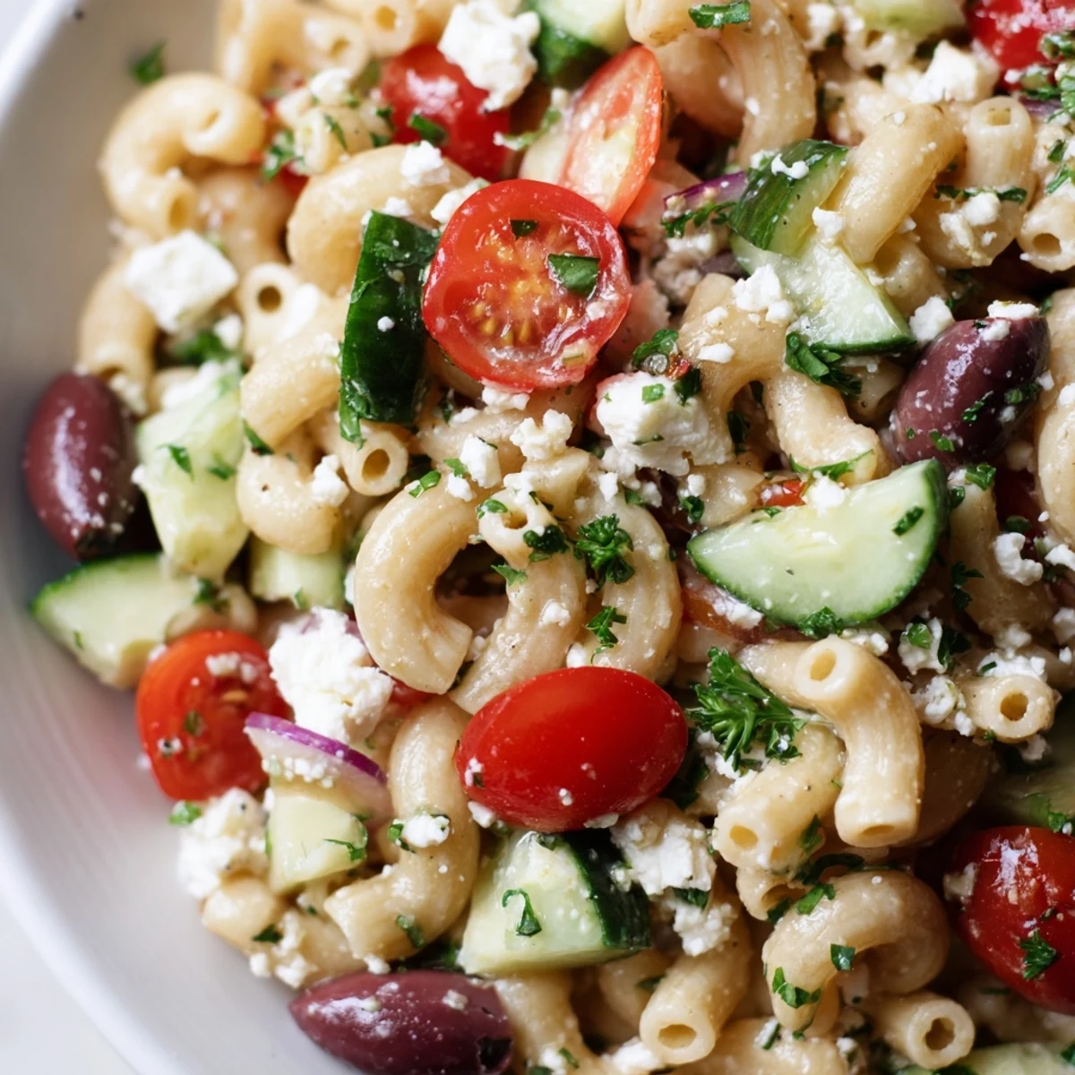 Colorful Greek pasta salad loaded with crisp veggies, briny olives, and creamy feta cheese