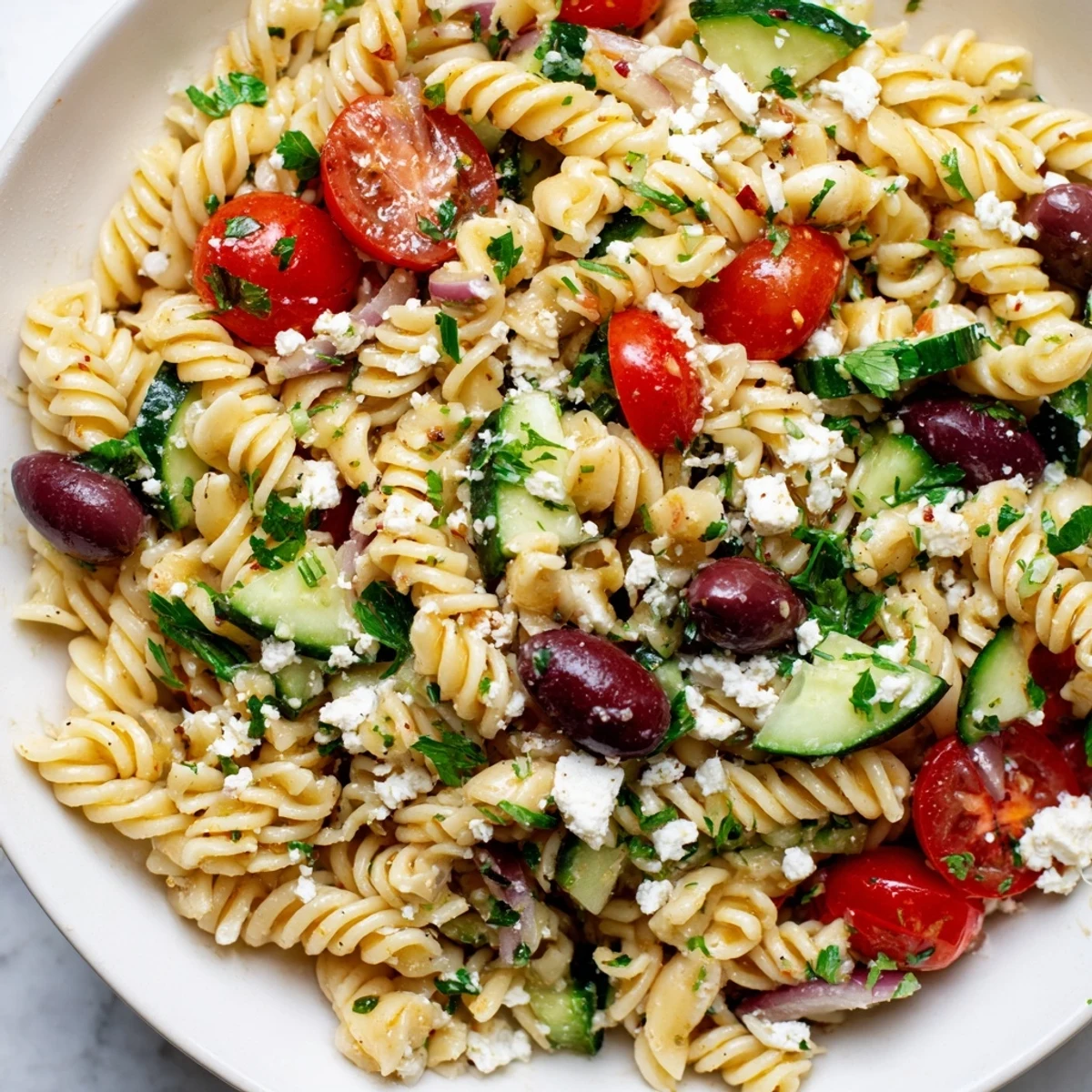 Greek pasta salad in a white bowl featuring cherry tomatoes, cucumber, and tangy dressing