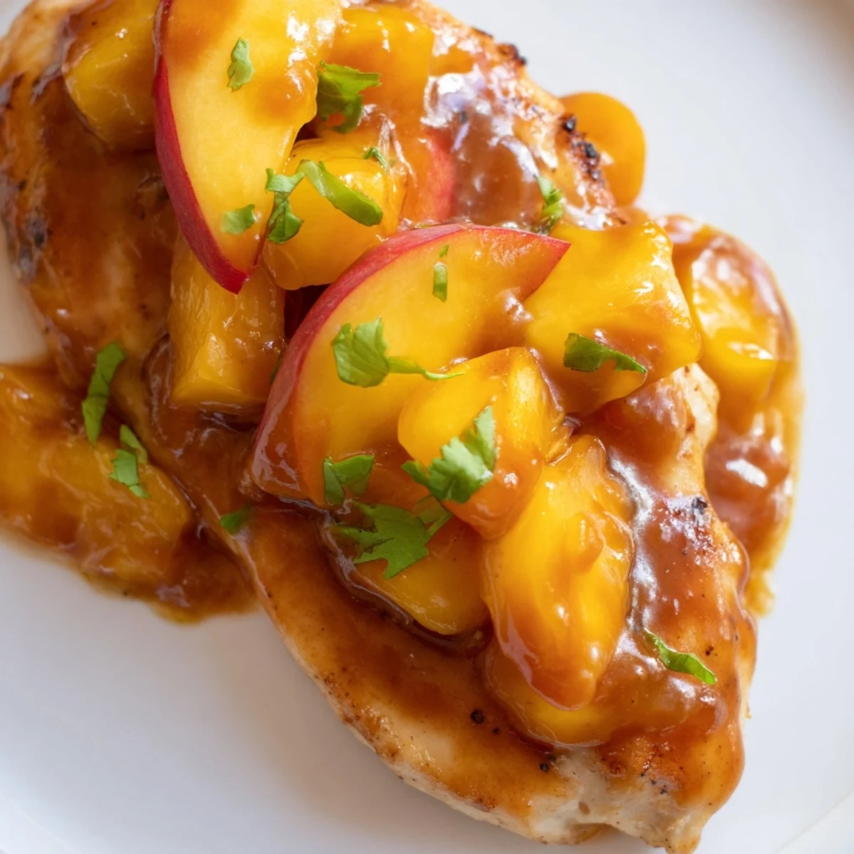 Golden seared jalapeno peach chicken glazed with sweet-spicy sauce and fresh herbs