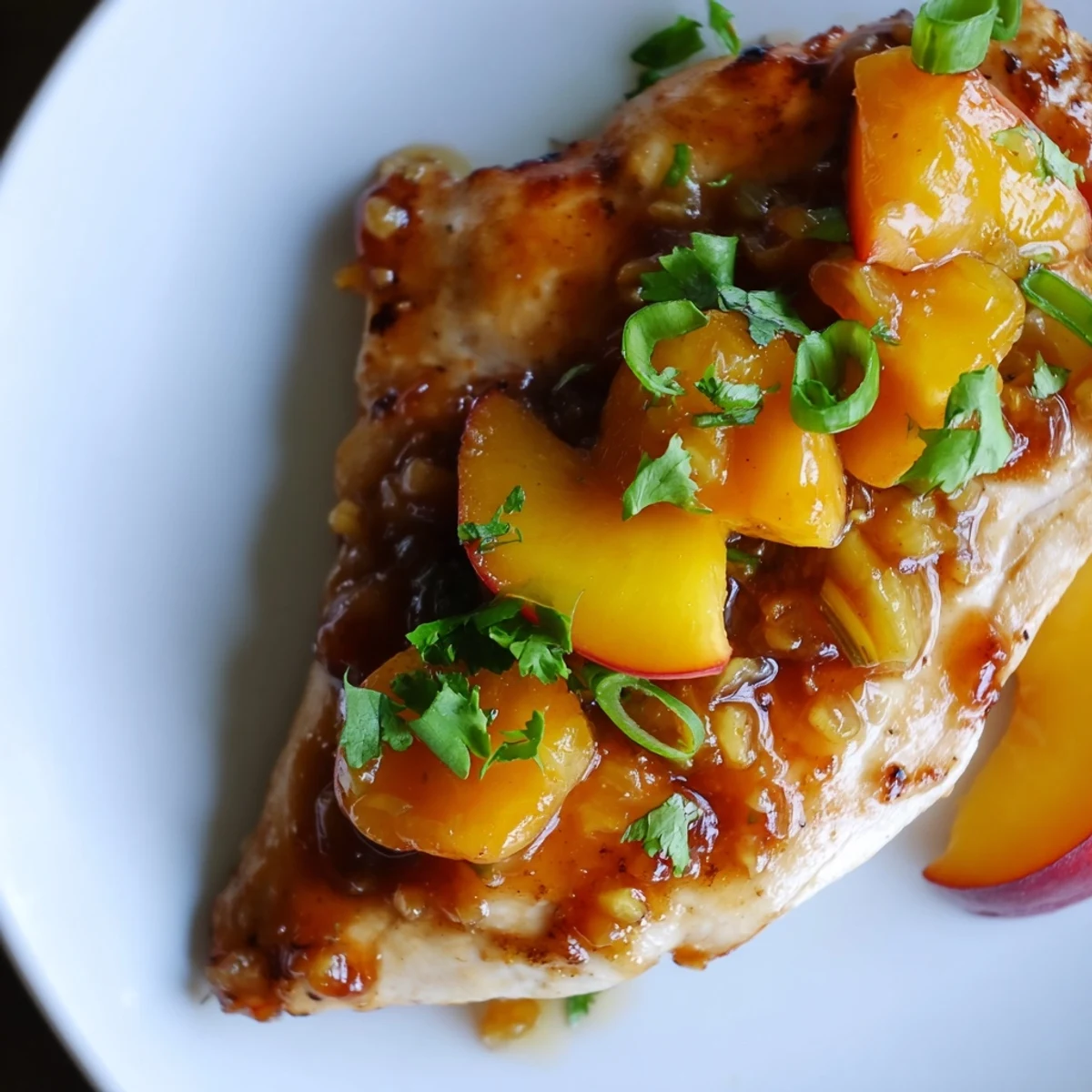 Juicy chicken breasts topped with glossy peach jalapeno sauce and sliced garnish