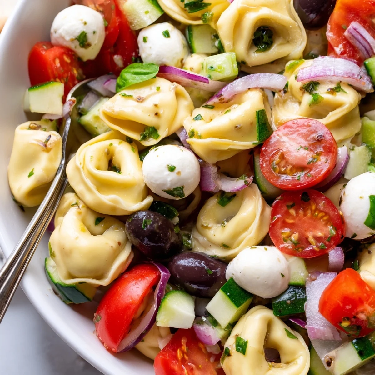 Colorful tortellini pasta salad in a serving bowl with cherry tomatoes and basil