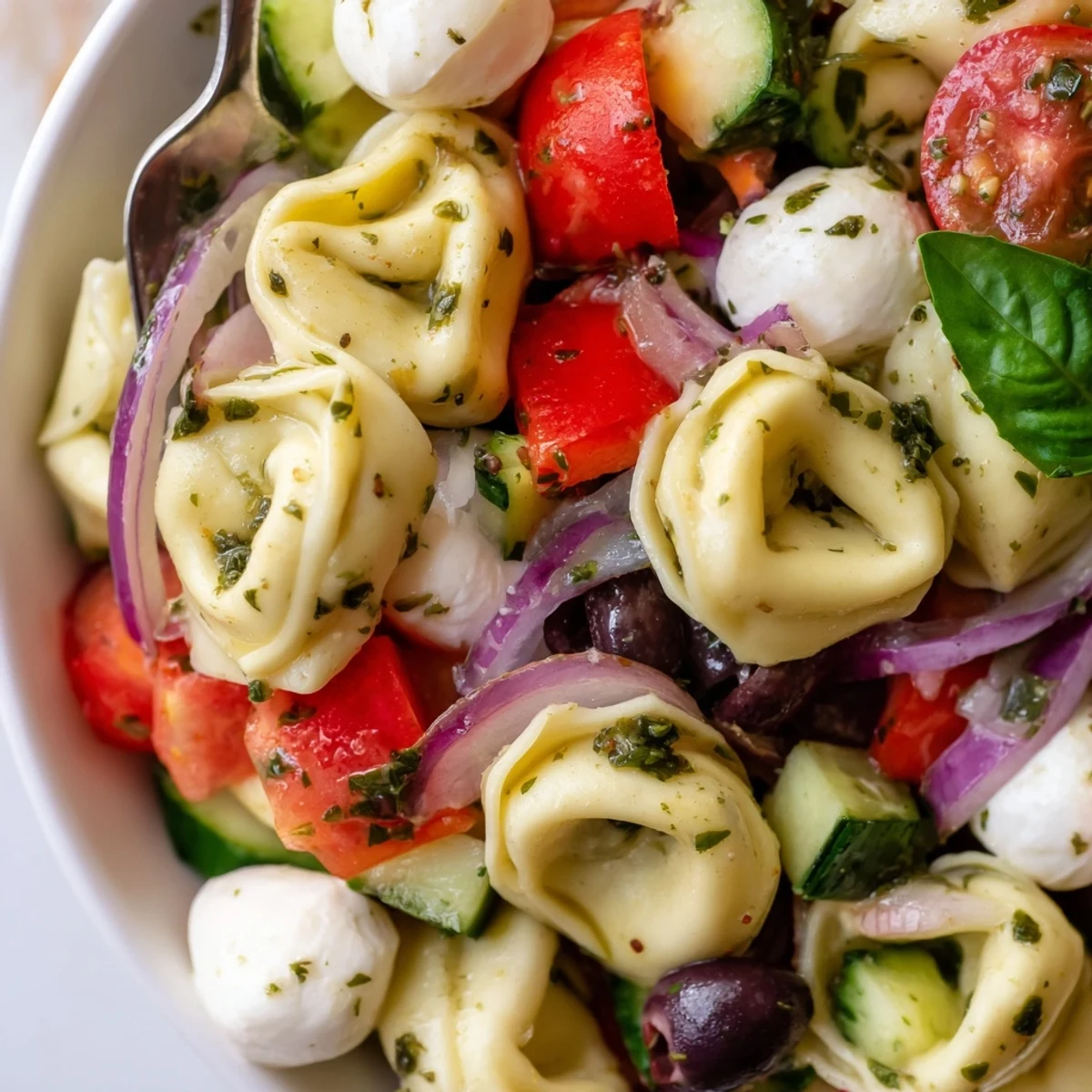 Creamy cheese tortellini pasta salad tossed with crisp vegetables and Italian dressing