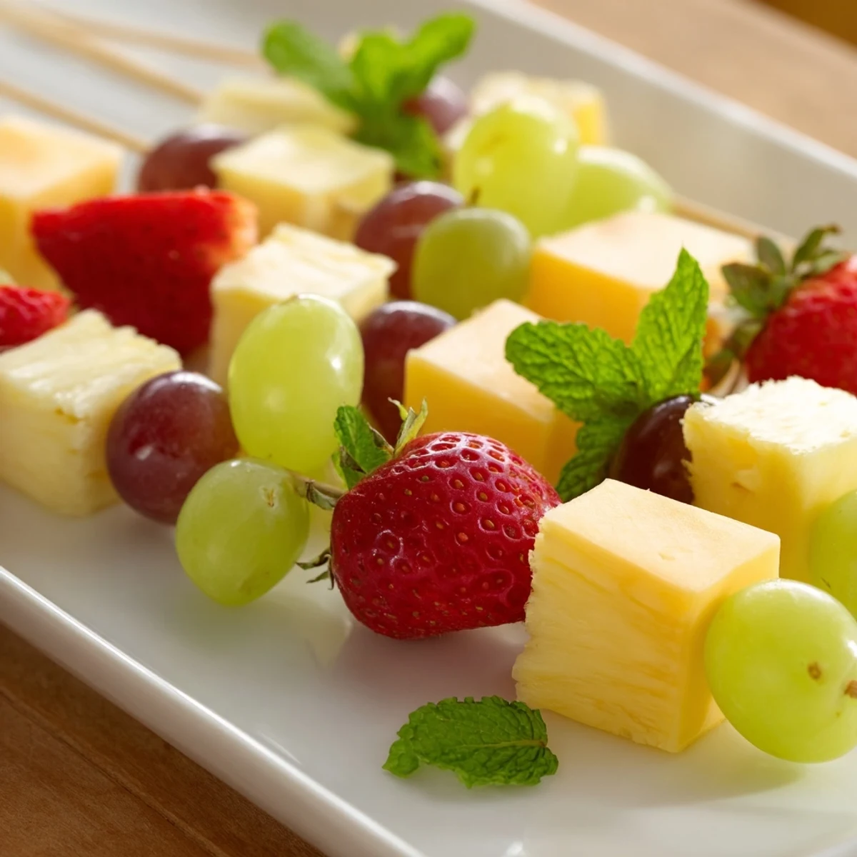 Fruit and cheese kabobs arranged on a platter with colorful grapes, strawberries, pineapple, and cubed cheddar cheese.