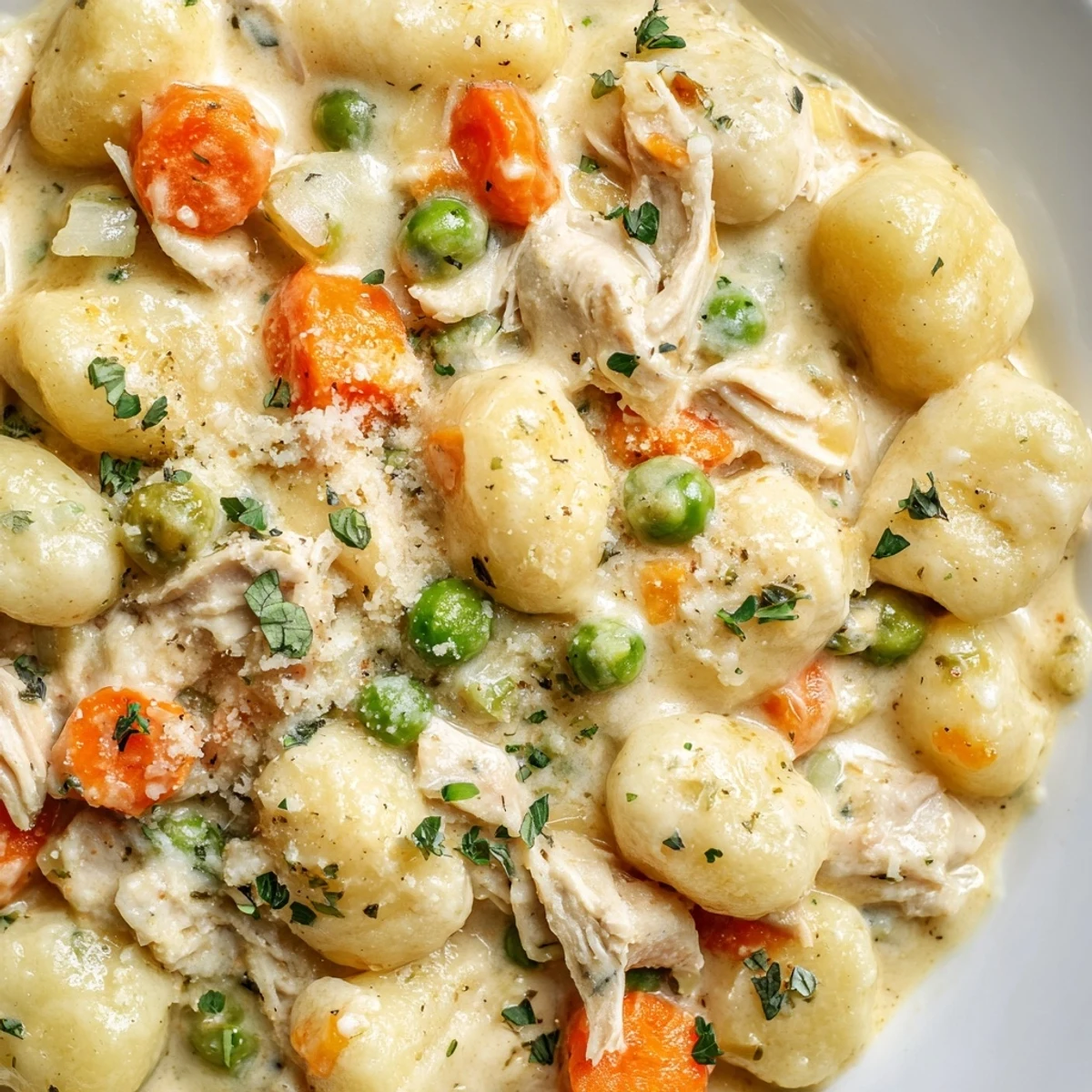 Creamy One Pot Gnocchi Chicken Pot Pie served in a rustic skillet with tender vegetables and golden sauce