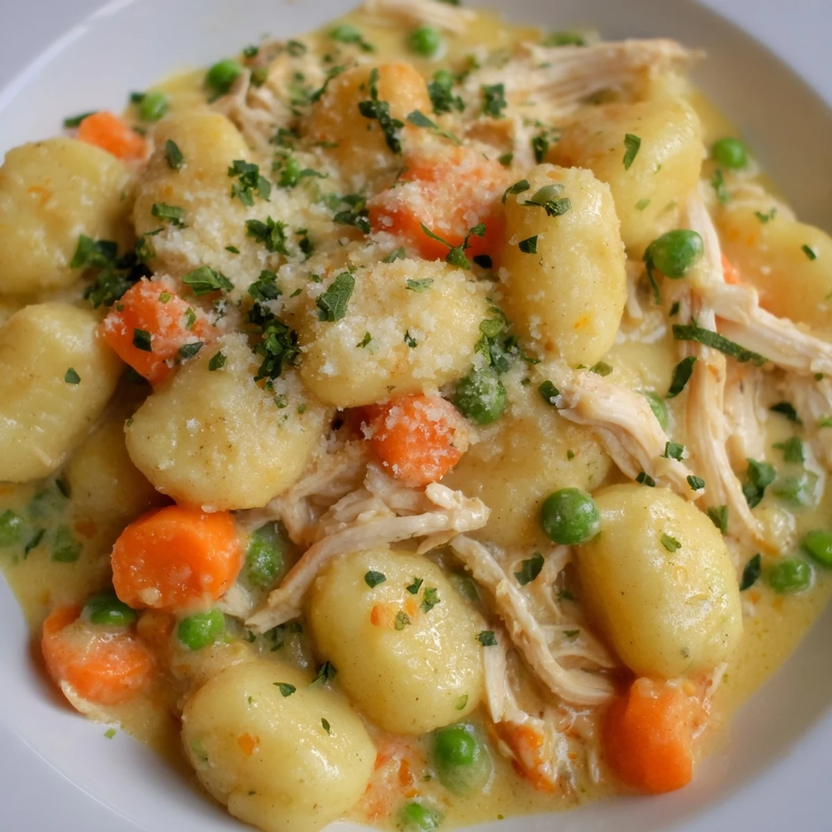 One Pot Gnocchi Chicken Pot Pie bubbling with tender chicken, soft potato dumplings, and colorful vegetables