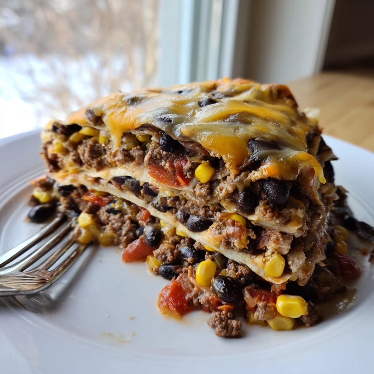 Golden melted cheese tops this hearty Mexican lasagna with layers of seasoned beef and beans