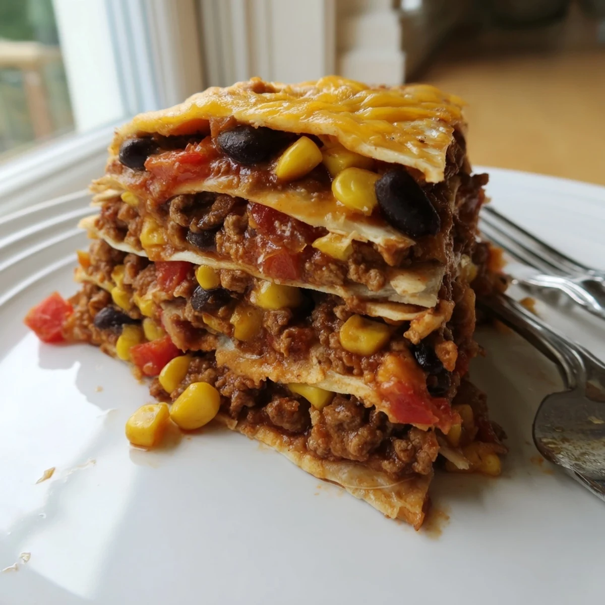 Layers of spiced ground beef corn and melted cheese between soft flour tortillas in Mexican lasagna