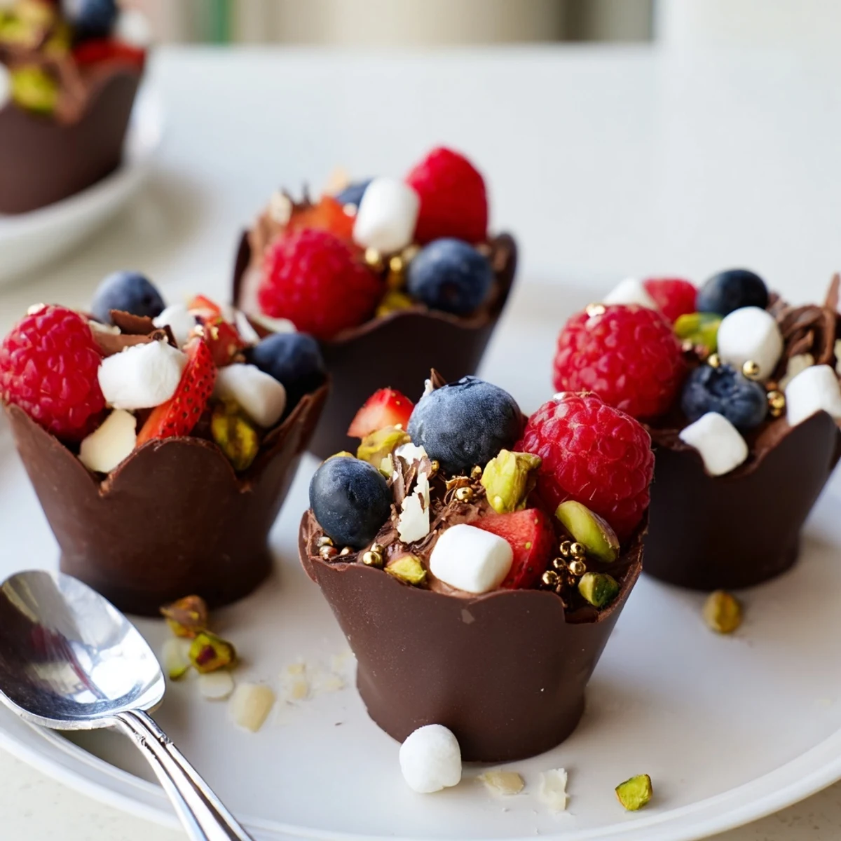Chocolate grazing cups filled with fluffy mousse and topped with fresh berries and nuts