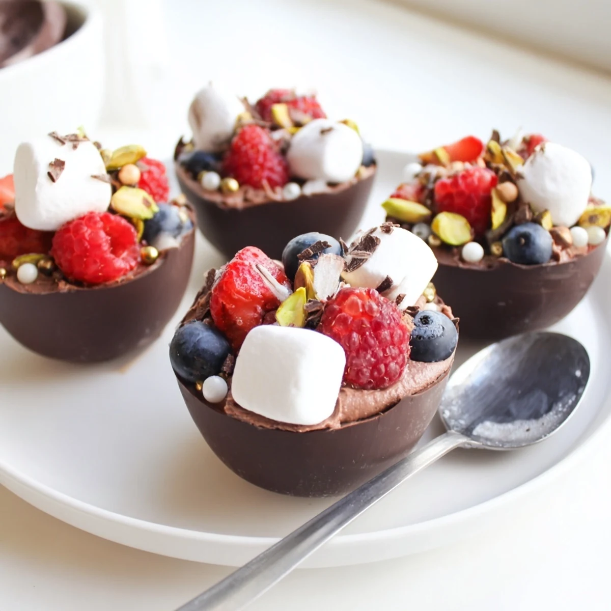 Dark chocolate cups overflowing with creamy mousse, jewel-toned berries, and crunchy golden toppings