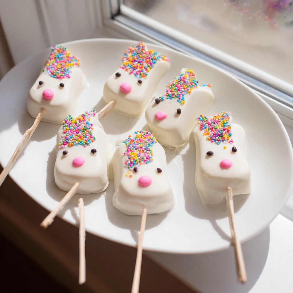 Adorable white chocolate bunny cakesicles with candy eyes and pink fondant ears on wooden board