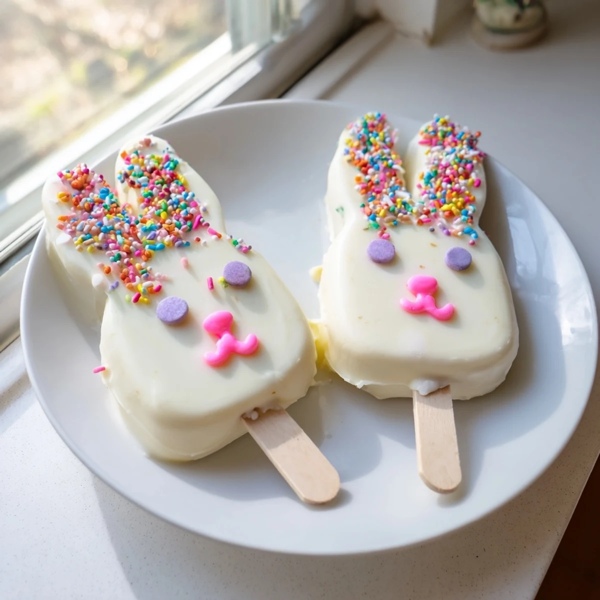 Creamy white chocolate bunny cakesicles decorated with sprinkles ready for Easter dessert table