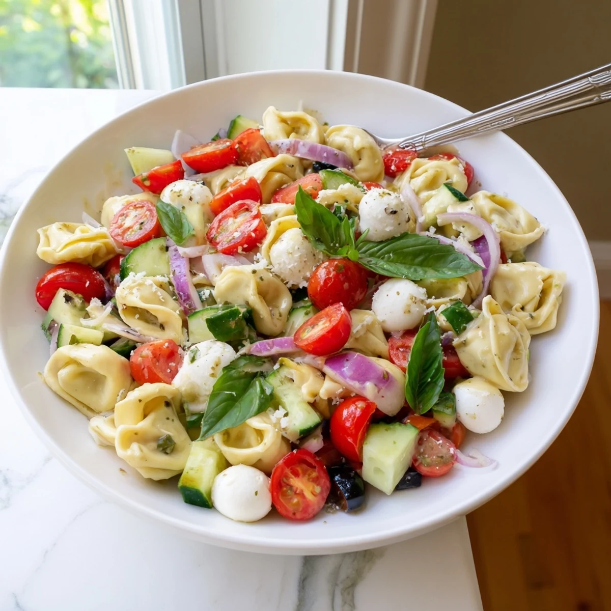 Creamy tortellini salad tossed with crisp vegetables and tangy Italian dressing in a serving bowl