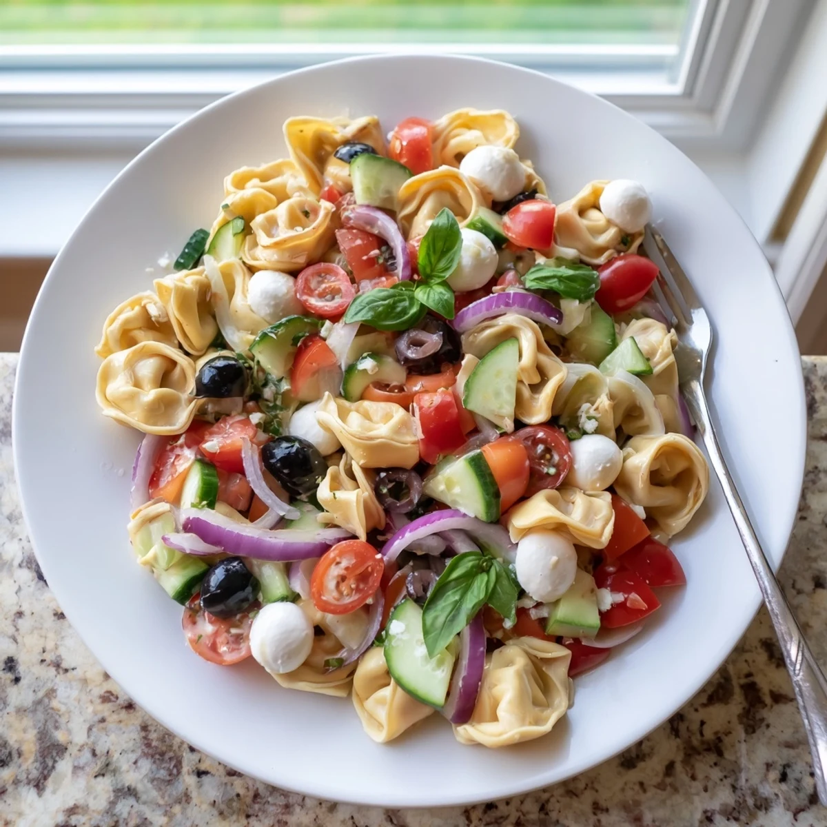 Colorful tortellini salad featuring cherry tomatoes, cucumber, and mozzarella drizzled with zesty herb vinaigrette