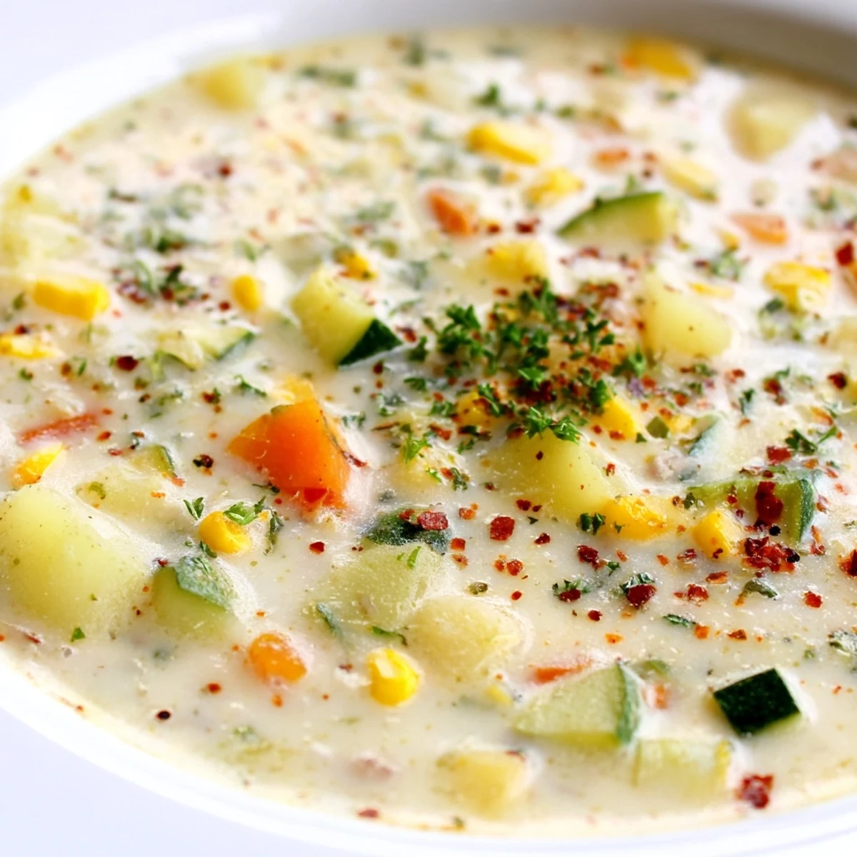 Creamy potato corn zucchini soup in a rustic bowl garnished with fresh green parsley
