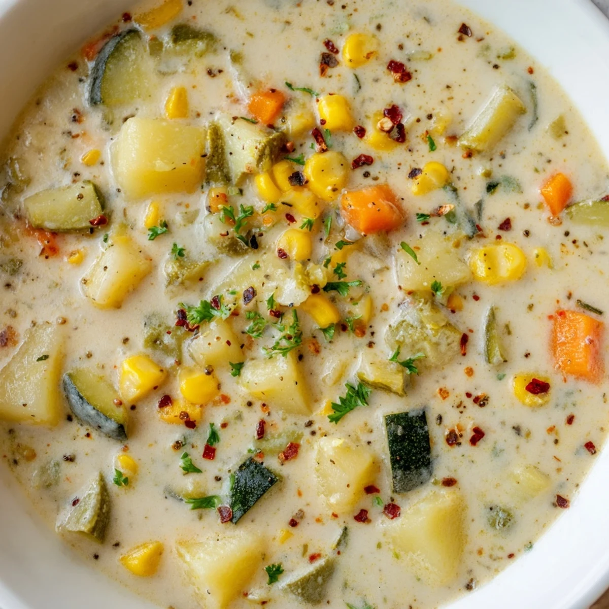 Steaming bowl of hearty potato corn zucchini soup with tender chunks of vegetables