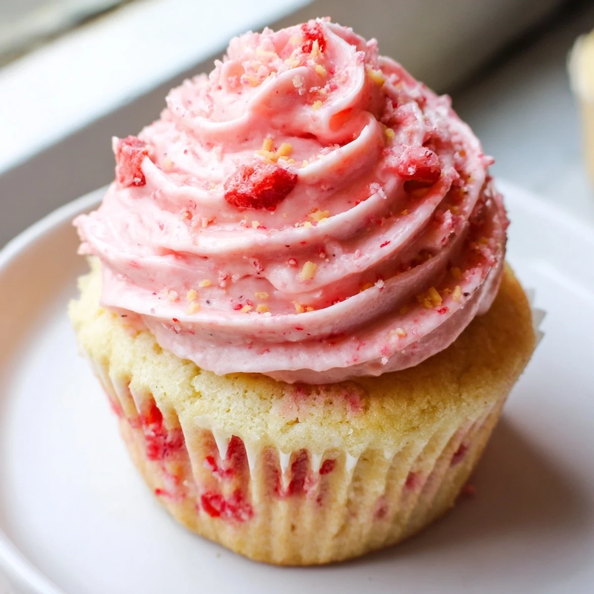 Fresh strawberry lemonade cupcakes with pink buttercream frosting on a rustic serving tray
