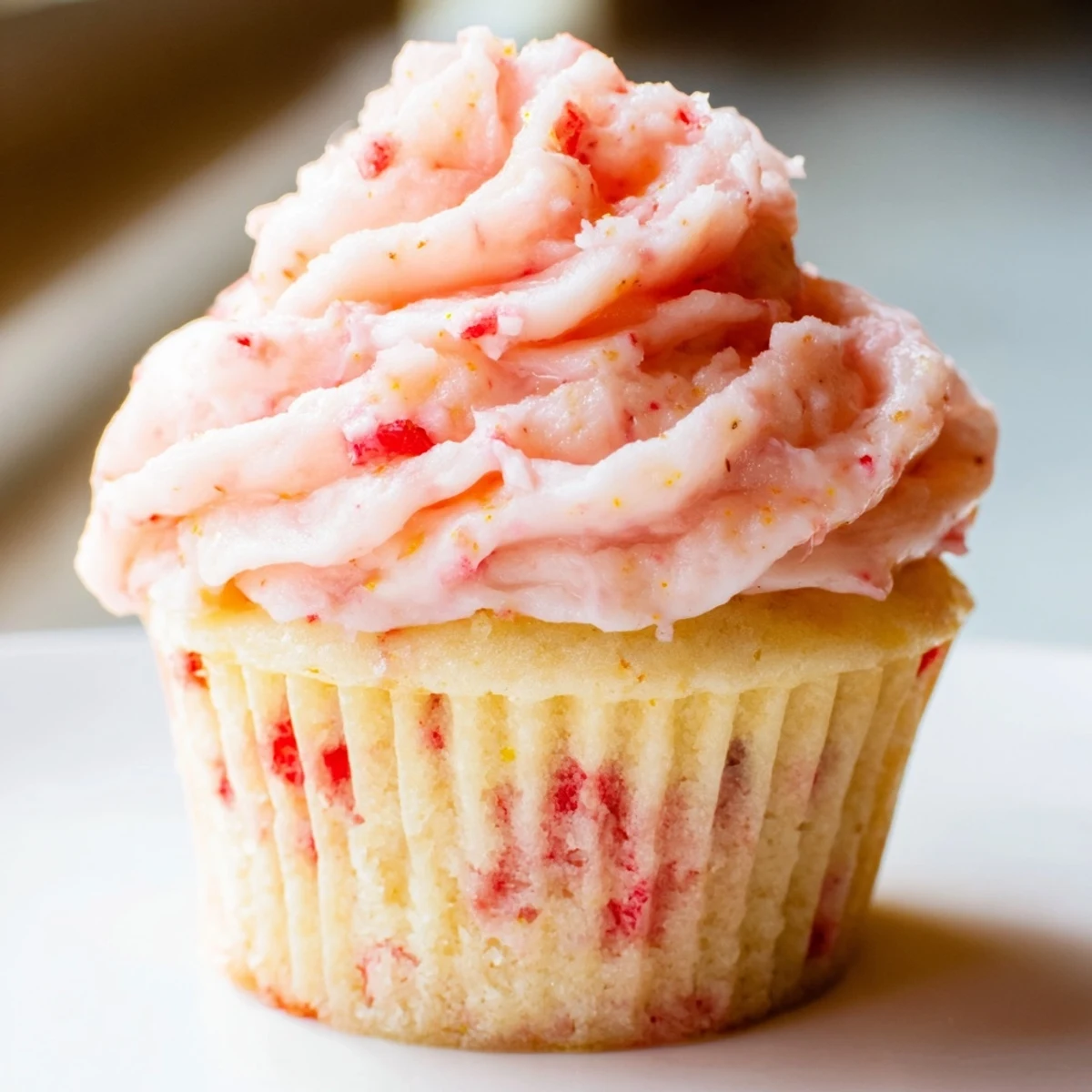 Moist strawberry lemonade cupcakes topped with swirled lemon strawberry buttercream and fresh berry garnish