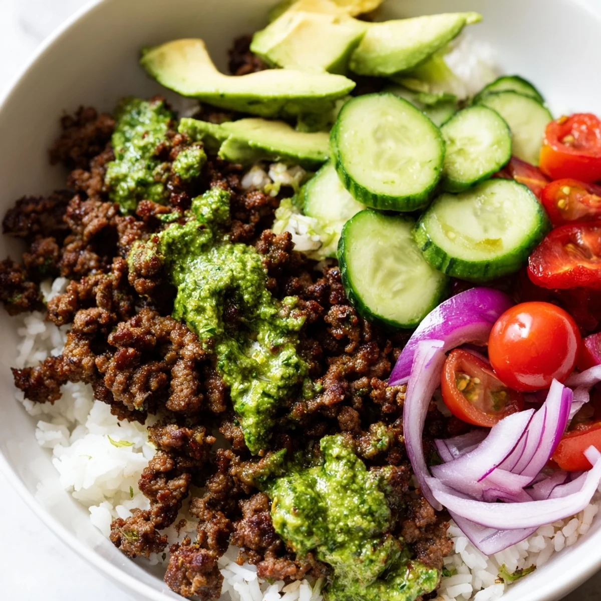 Spiced ground beef topped with zesty chimichurri drizzle served alongside ripe avocado slices and crisp cucumber