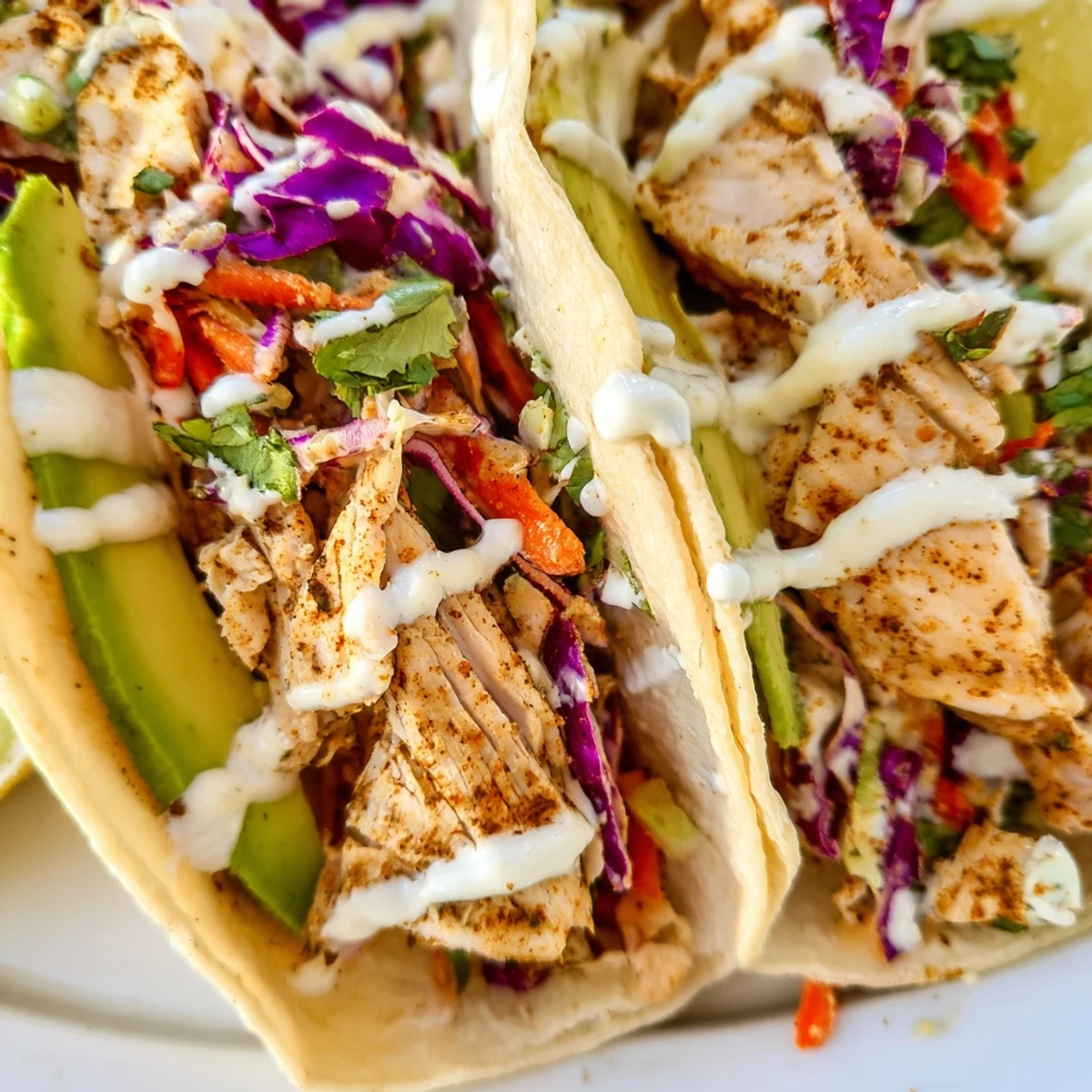 Crispy spiced tilapia fish tacos topped with vibrant cabbage slaw and creamy zesty lime crema