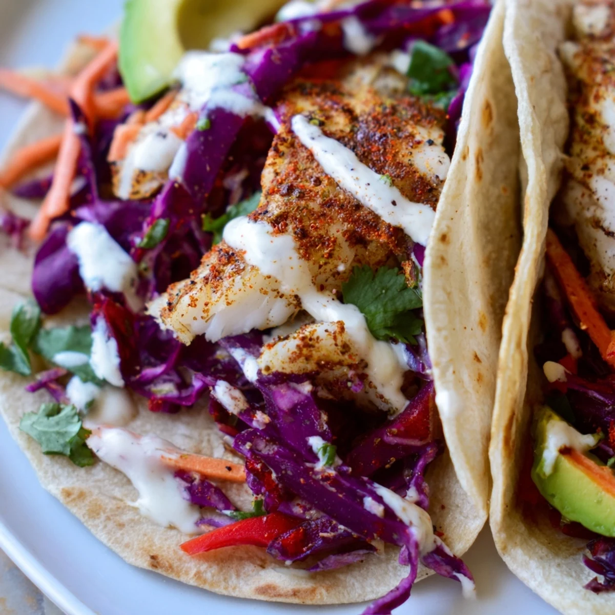 Golden tilapia fish tacos in warm tortillas with fresh slaw avocado and tangy sauce