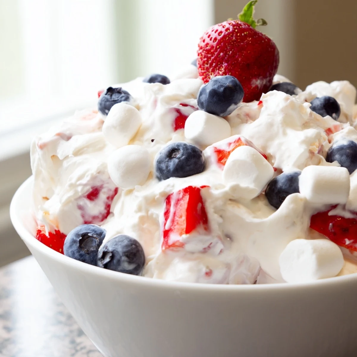 Creamy red white blue cheesecake salad topped with fresh berries and marshmallows in a glass bowl