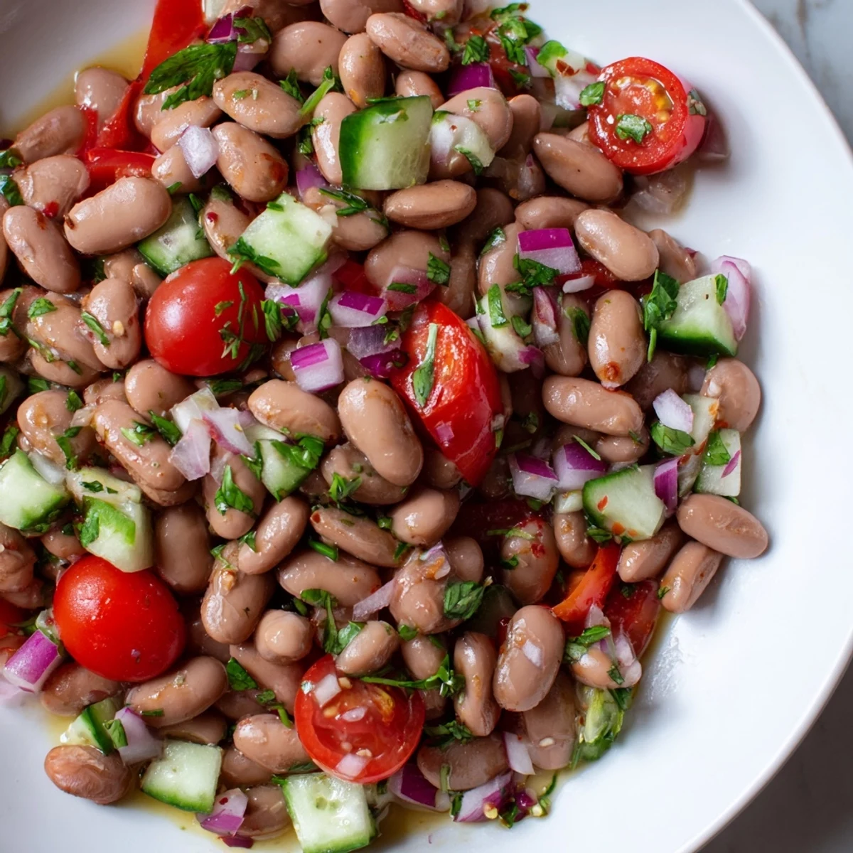 Colorful pinto bean salad with ripe tomatoes and crisp cucumber in a bright bowl
