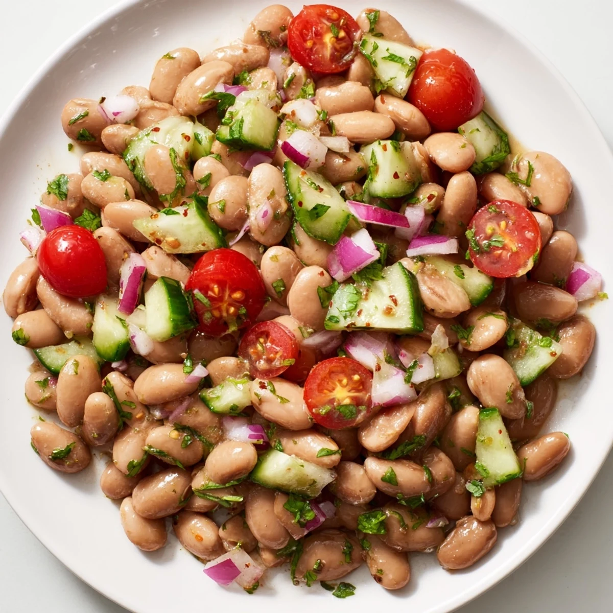 Creamy pinto beans tossed with diced peppers and a zesty lime vinaigrette dressing