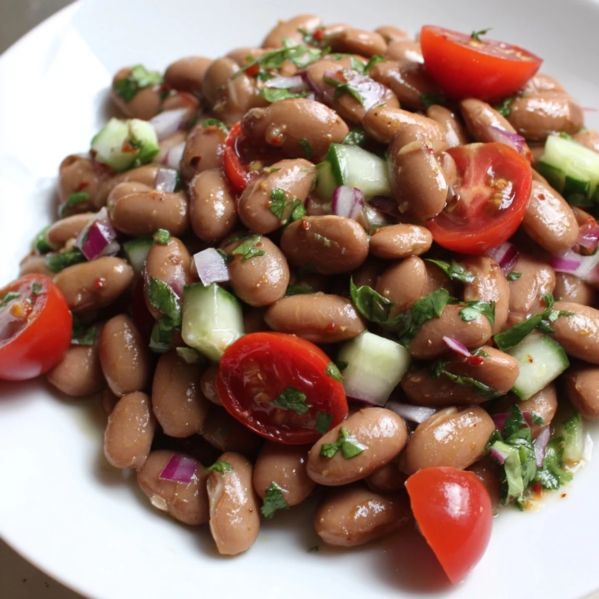 Fresh pinto bean salad topped with chopped cilantro served on a rustic wooden table