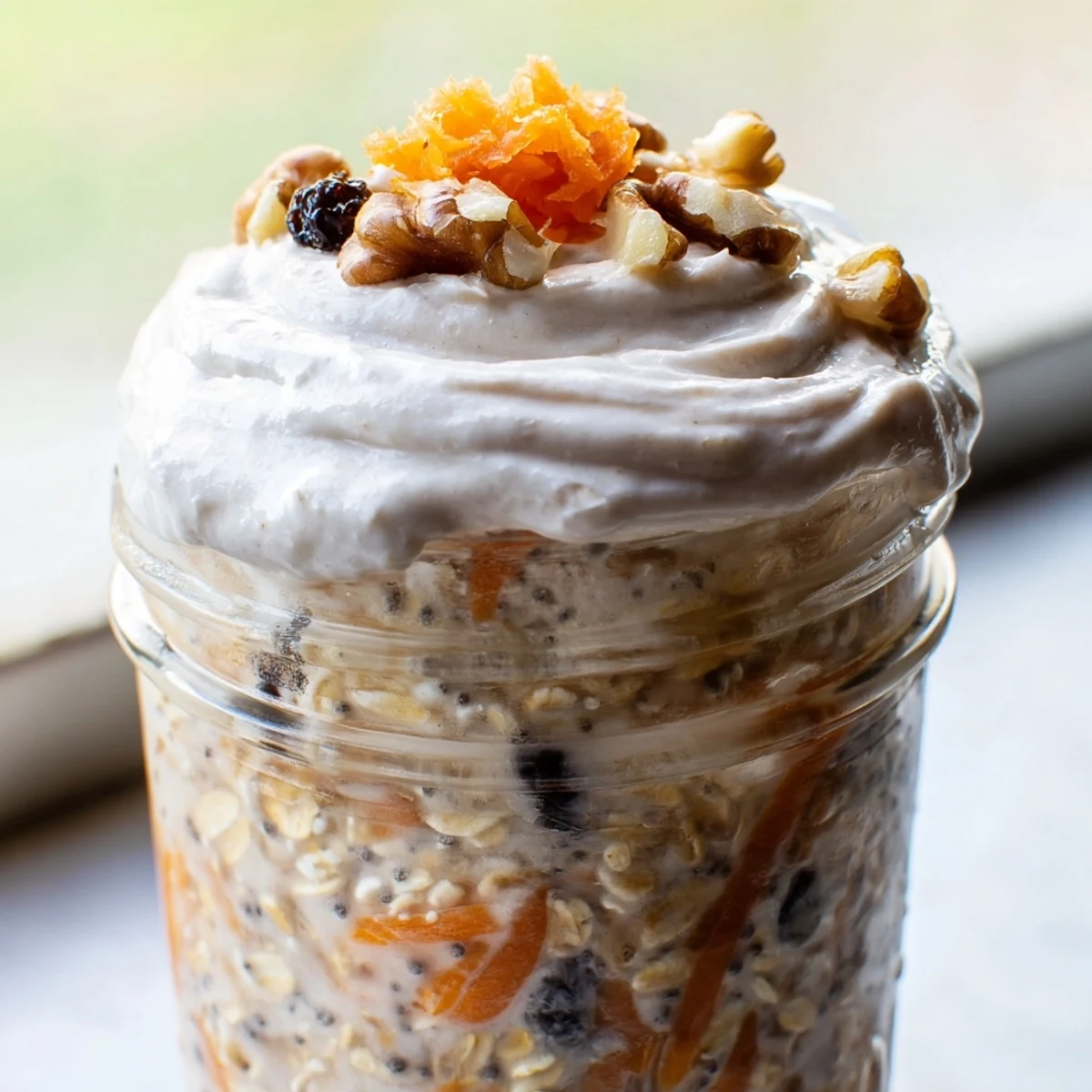 Carrot Cake Overnight Oats served in a glass jar topped with cream cheese frosting and chopped walnuts