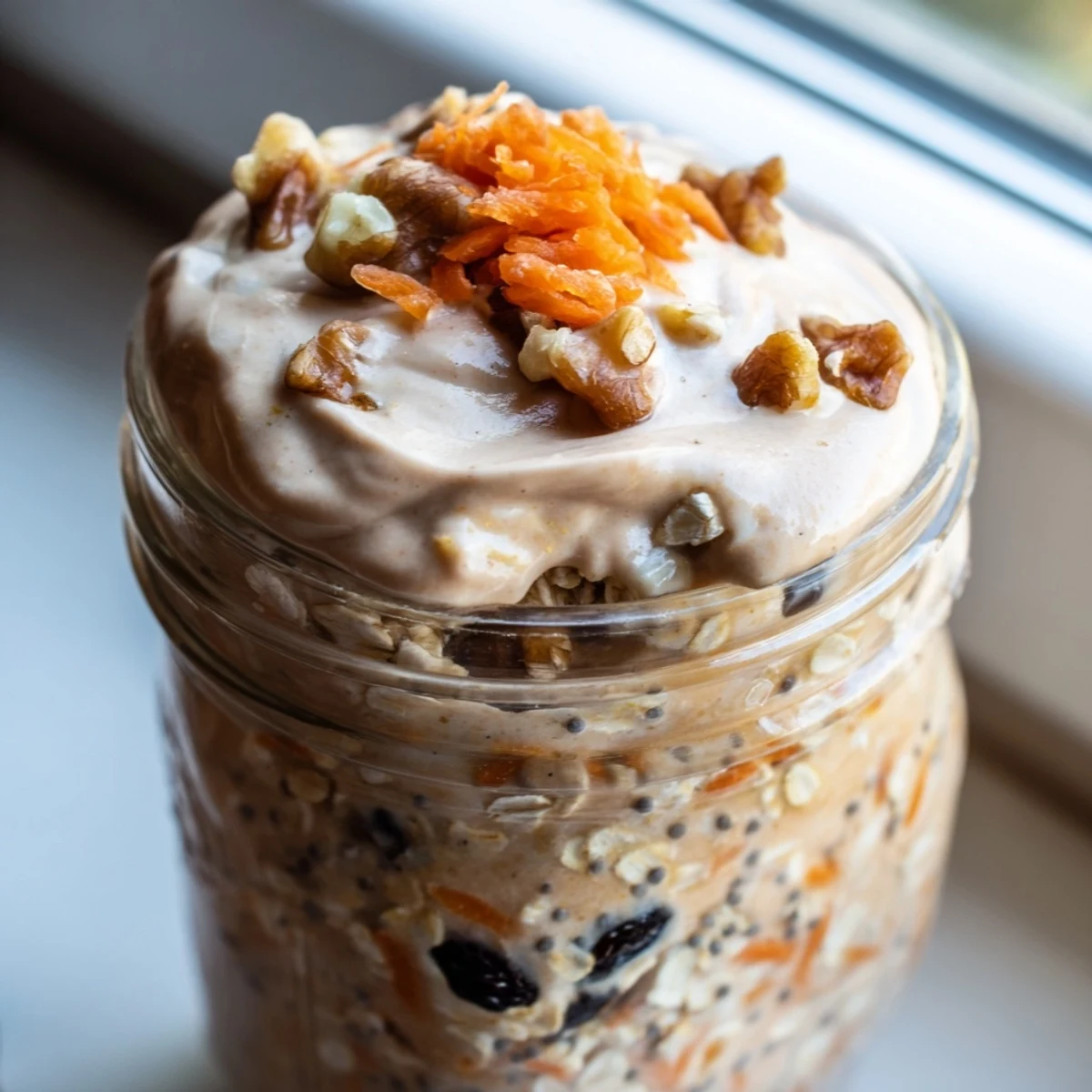 Creamy Carrot Cake Overnight Oats layered with spiced grated carrots raisins and a drizzle of maple syrup