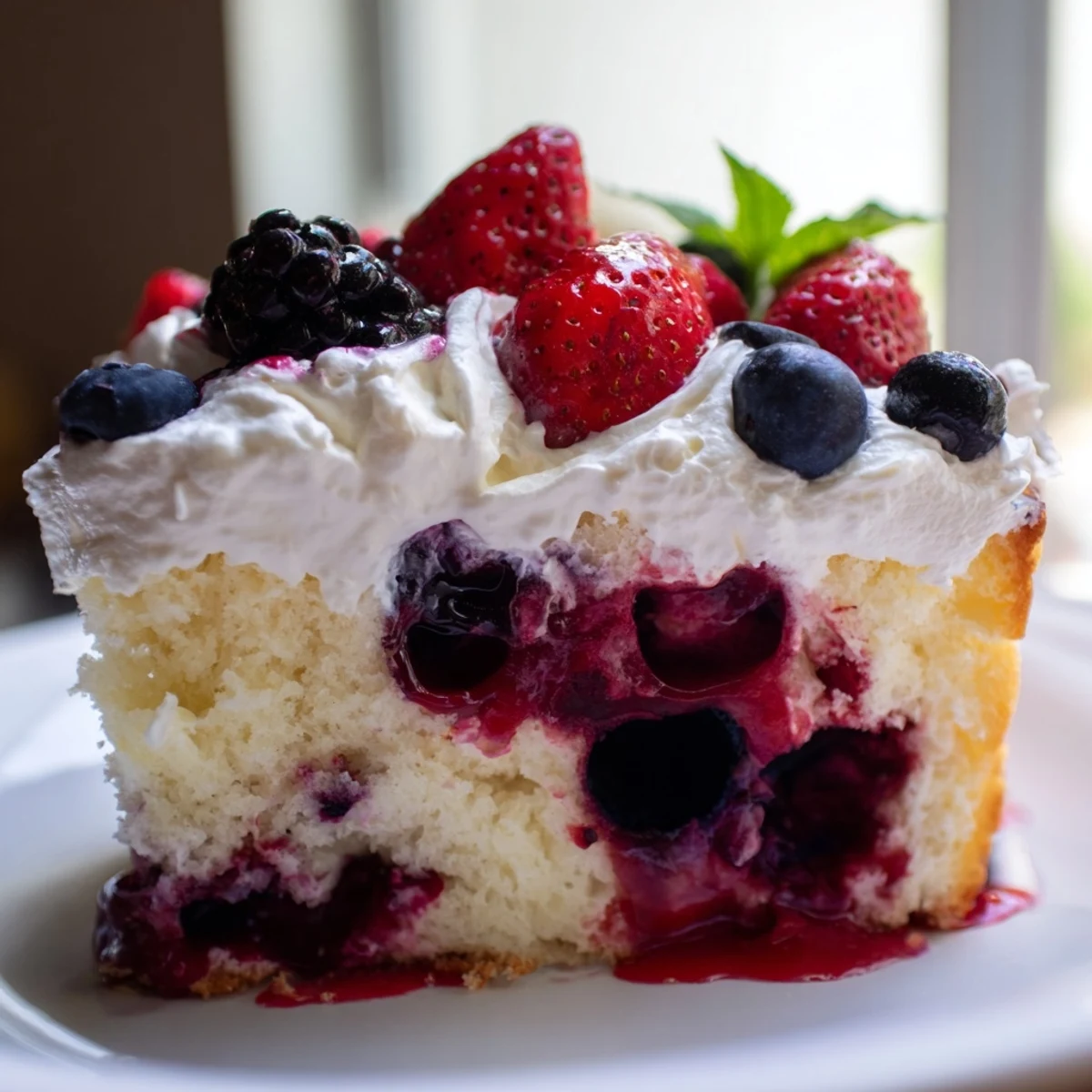 A slice of summer berry poke cake topped with fresh strawberries and billowy whipped cream