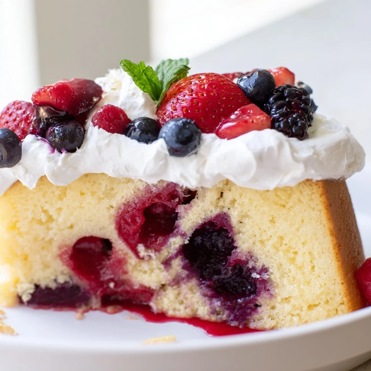 Moist summer berry poke cake drizzled with vibrant berry sauce on a white plate