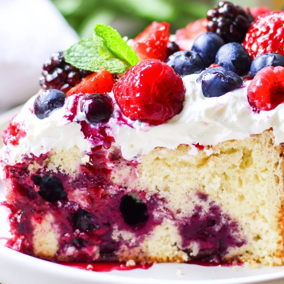 Creamy summer berry poke cake garnished with blueberries and mint leaves ready to serve