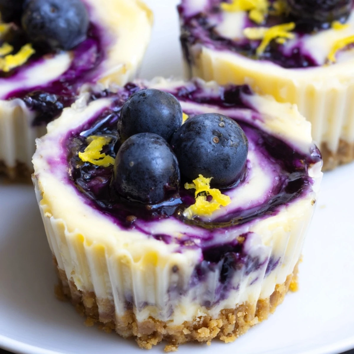 Golden mini lemon blueberry cheesecakes topped with glossy fruit compote on a rustic plate