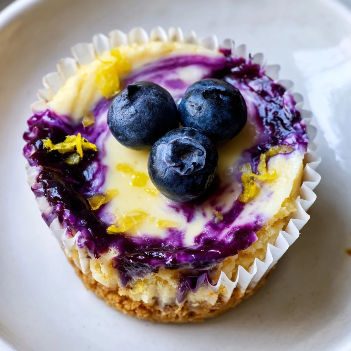 Tangy mini lemon blueberry cheesecakes garnished with fresh berries and bright lemon zest