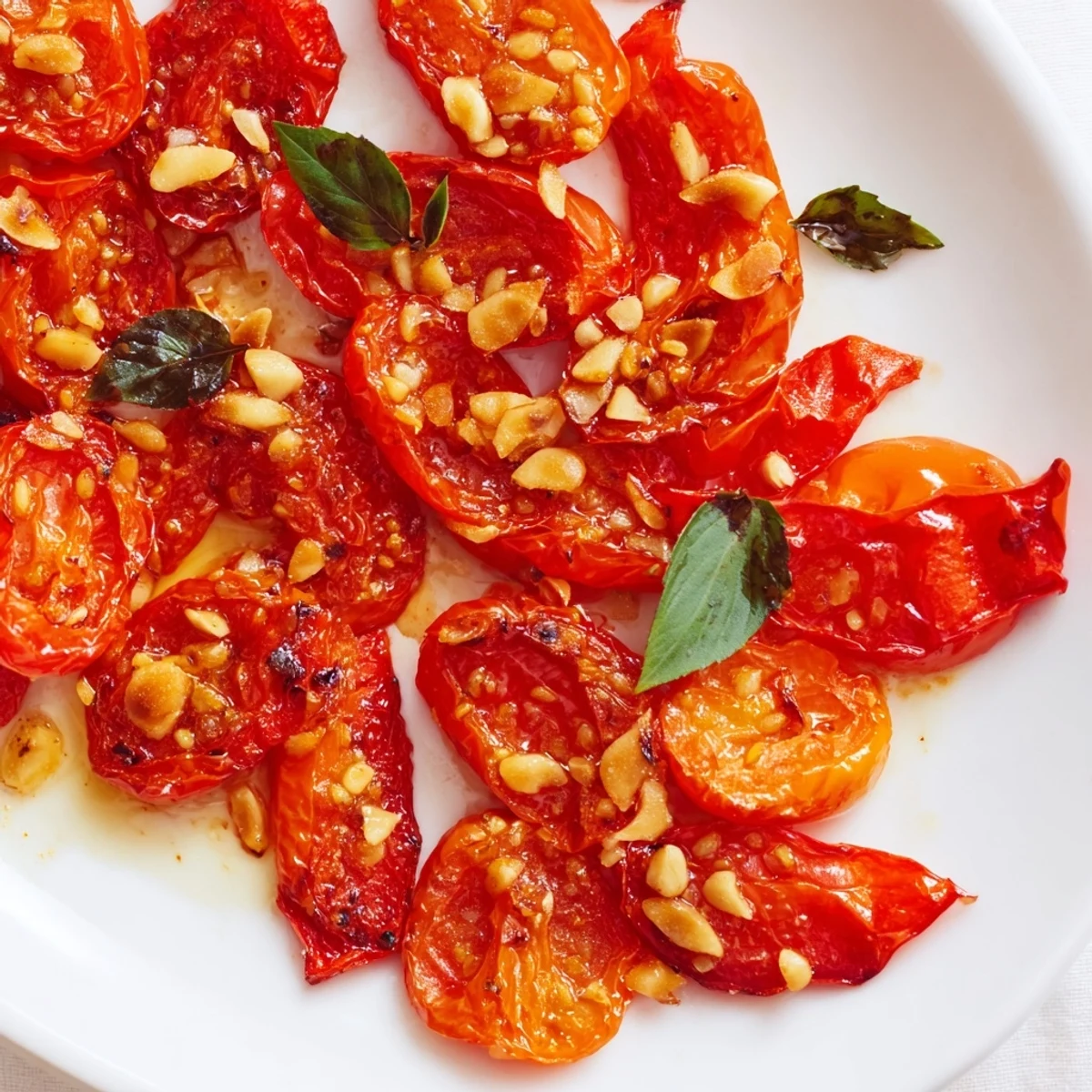 Golden caramelized classic Mediterranean roasted vegetables served on a rustic white platter