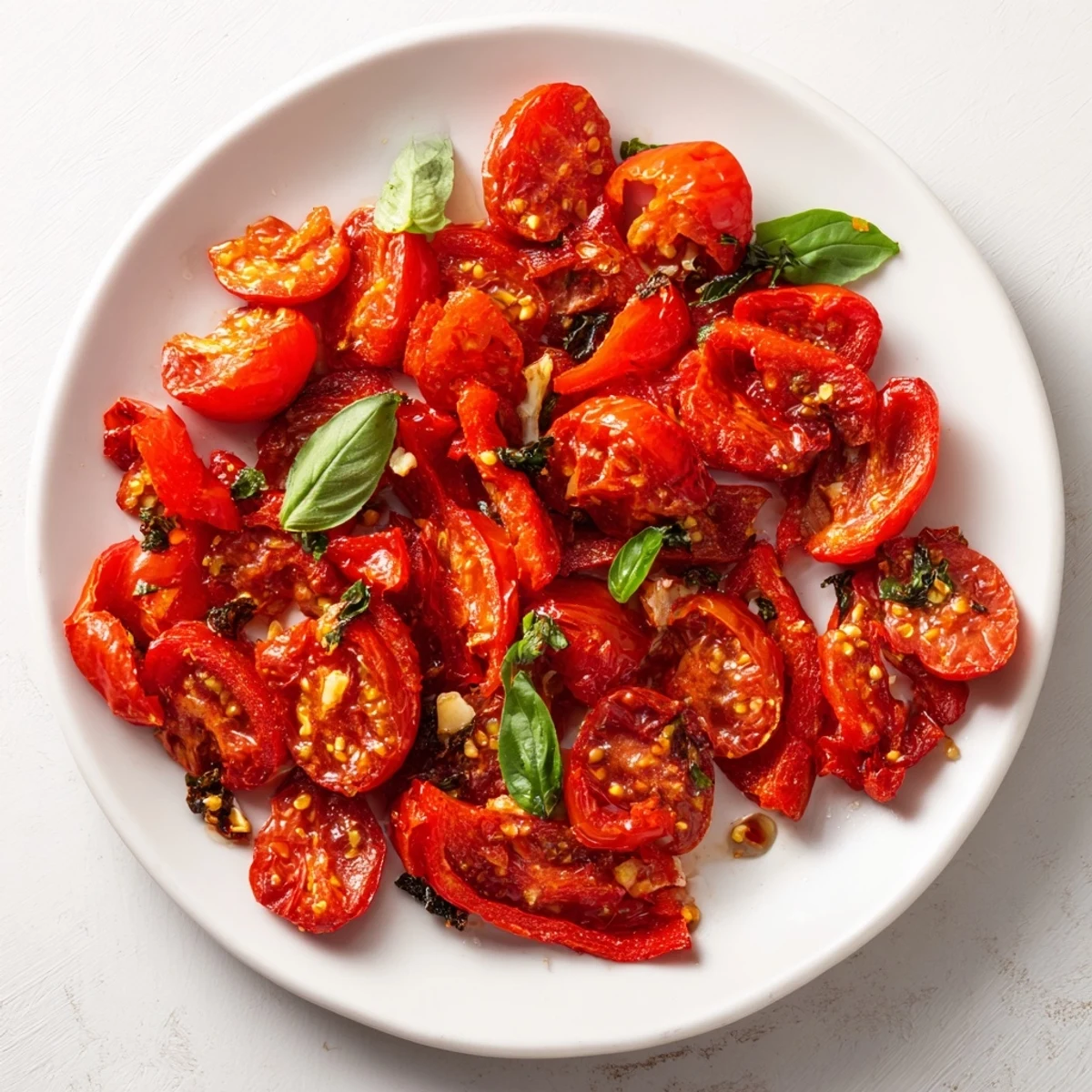 A generous portion of classic Mediterranean roasted vegetables garnished with fresh basil