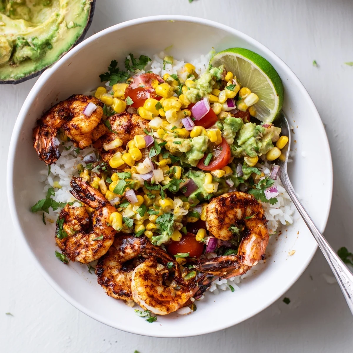 Grilled shrimp bowl with avocado corn salsa served in a rustic bowl