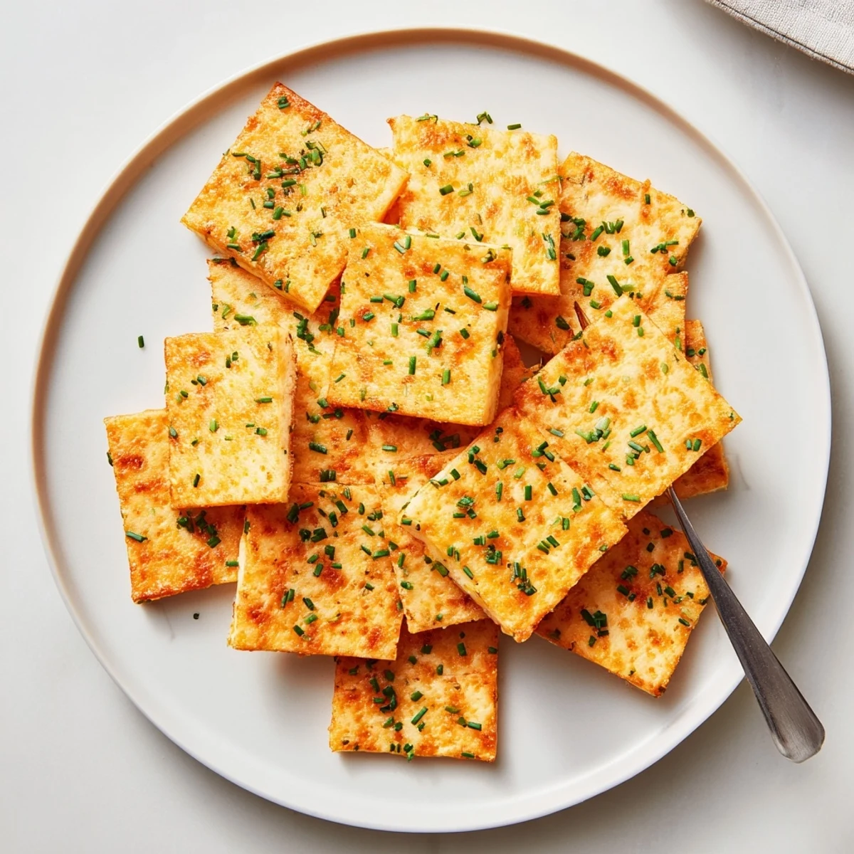 Golden baked cheddar and herb cheese crisps arranged on a parchment-lined baking sheet