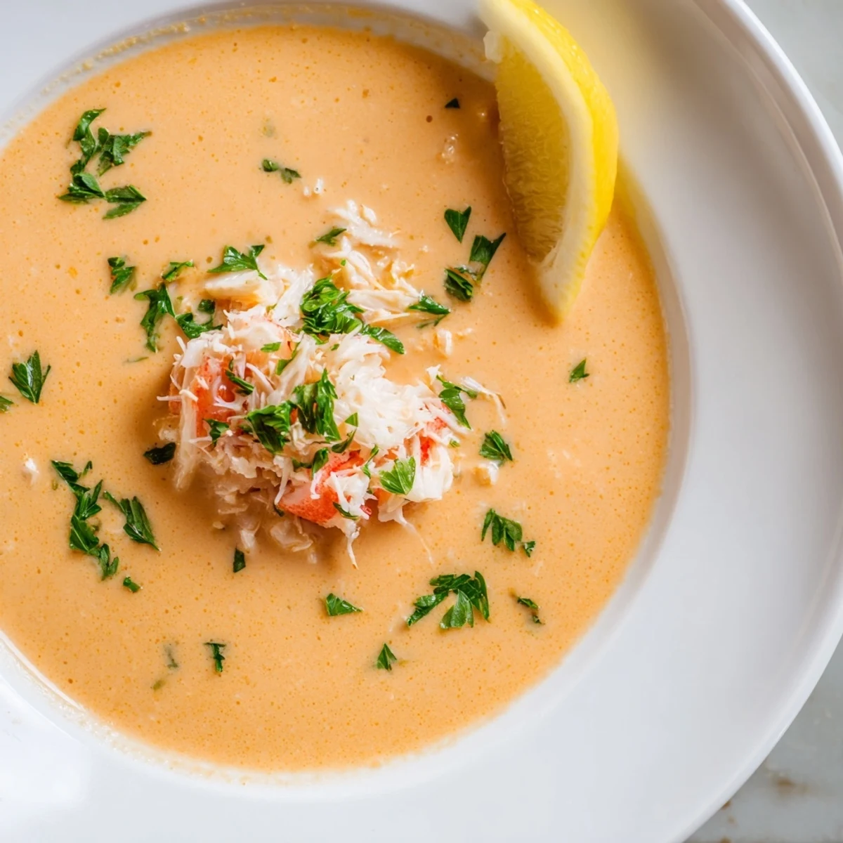 Velvety creamy crab and shrimp bisque garnished with fresh parsley in a warm bowl