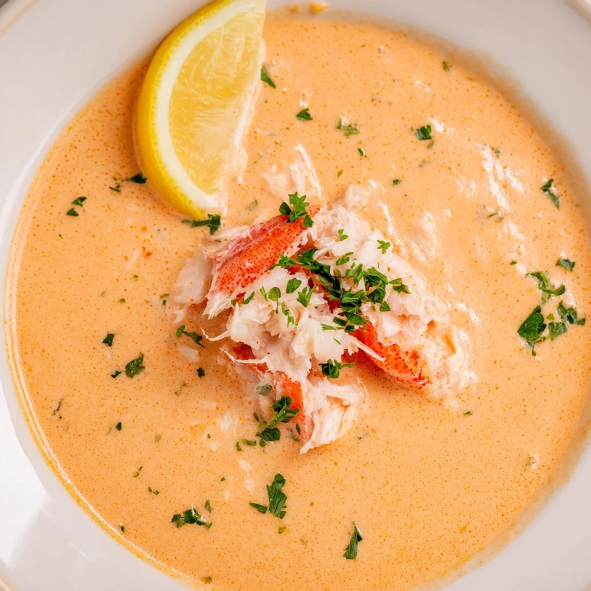 Golden creamy crab and shrimp bisque with pink shrimp and lump crab served steaming