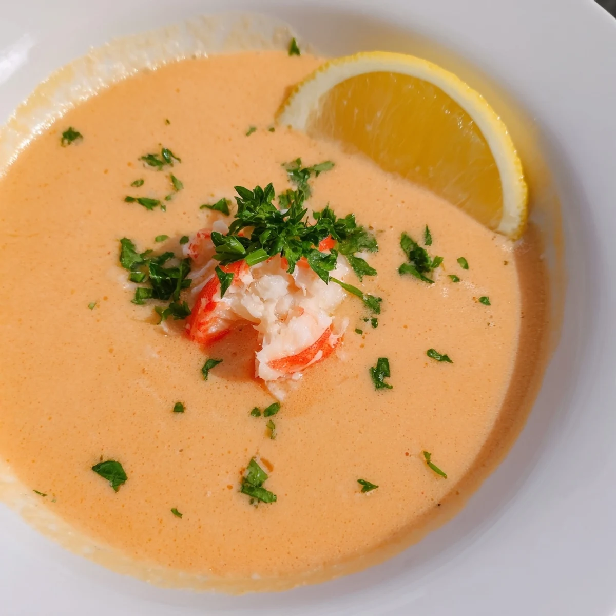 A rustic bowl of creamy crab and shrimp bisque with a lemon wedge on the side