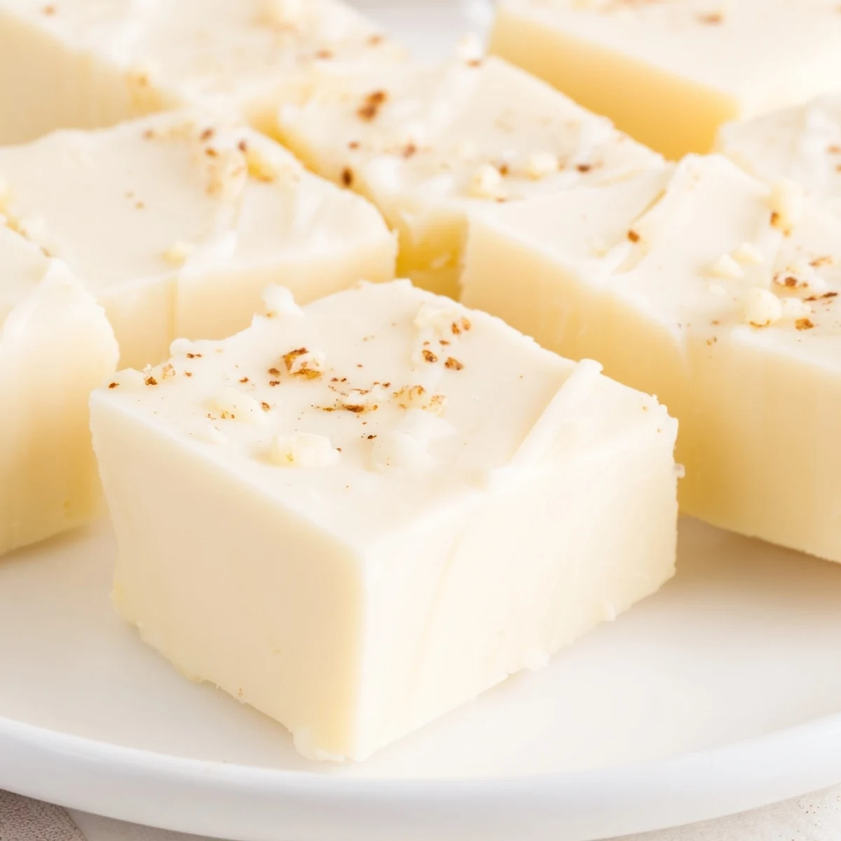 Creamy Eggnog Fudge squares dusted with nutmeg on parchment, holiday ready
