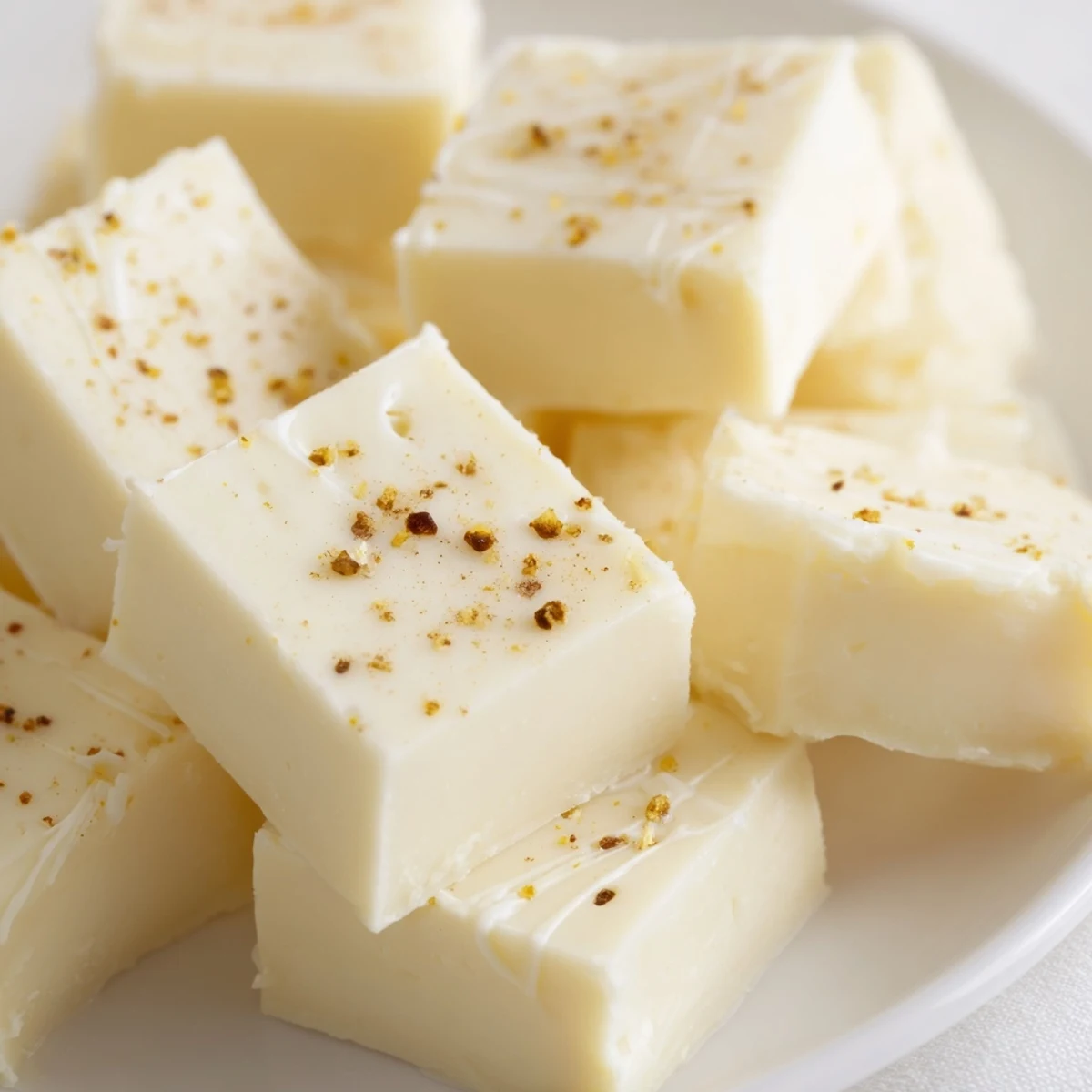 Velvety Eggnog Fudge sliced into petite squares, served with spiced rum