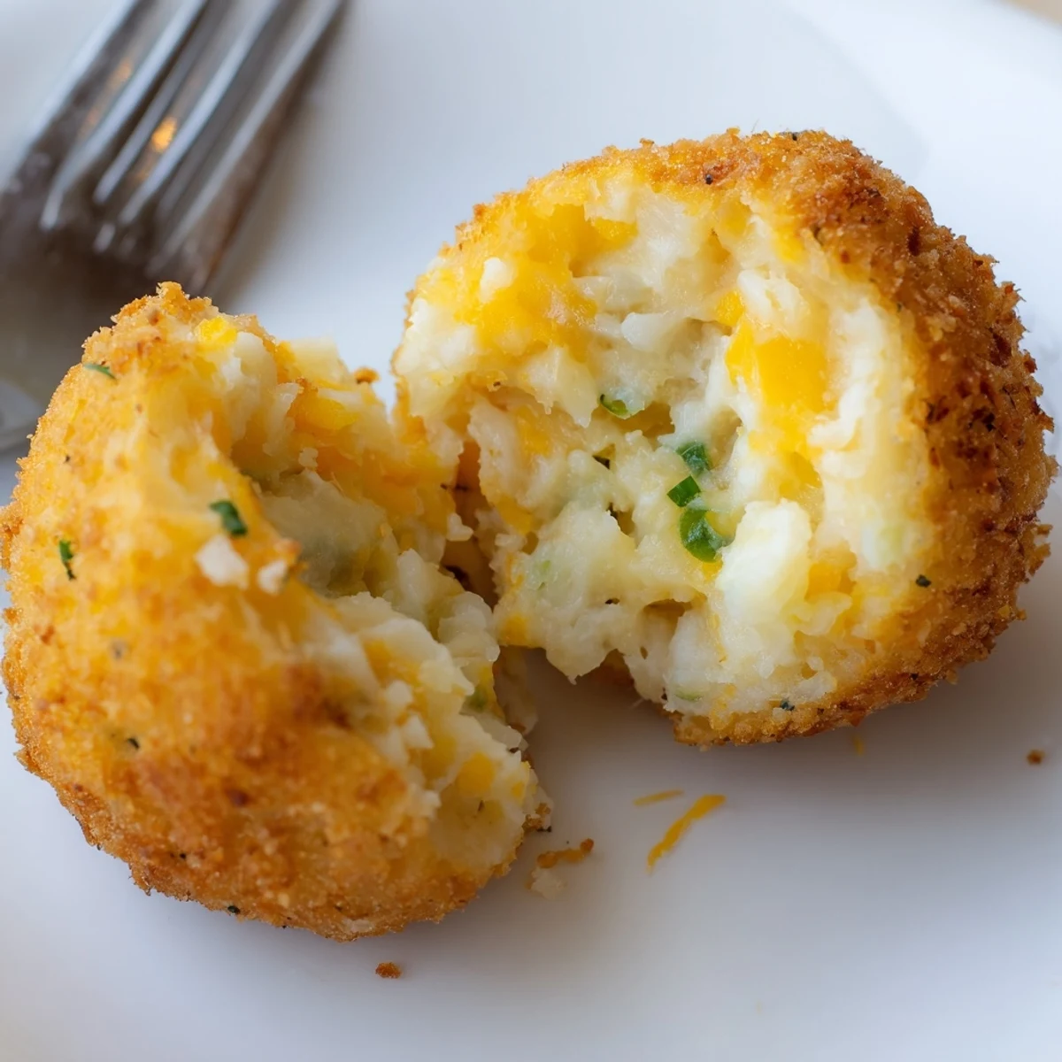 Fried Mashed Potato Balls with golden crispy crust and gooey cheddar inside