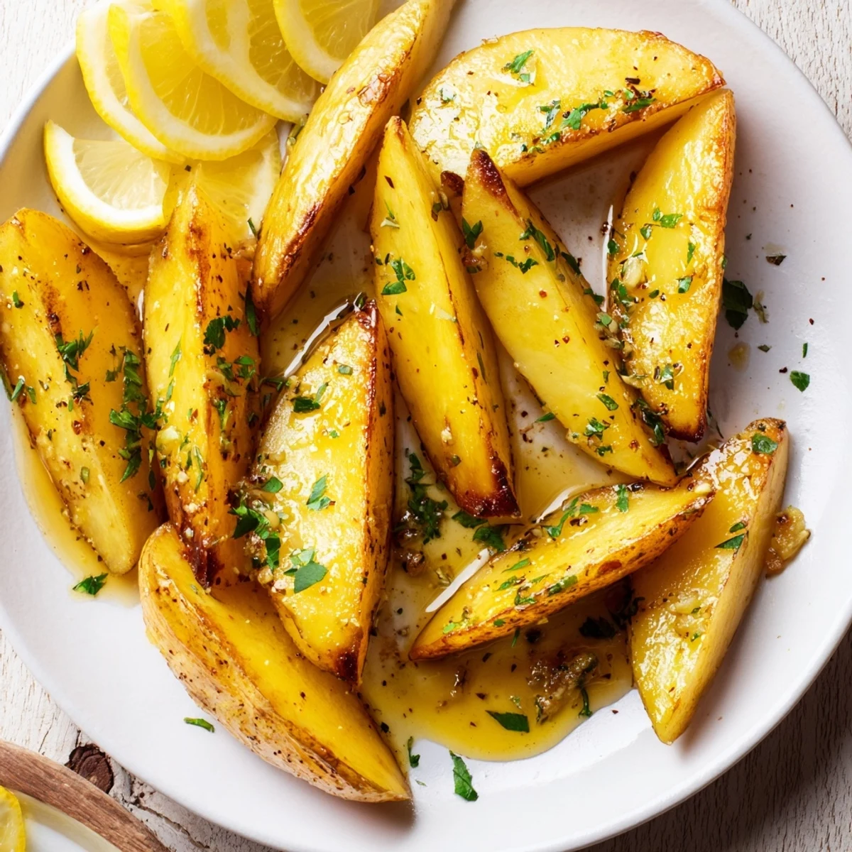 Oven-roasted Authentic Greek Lemon Potatoes Recipe garnished with parsley, steaming and tangy