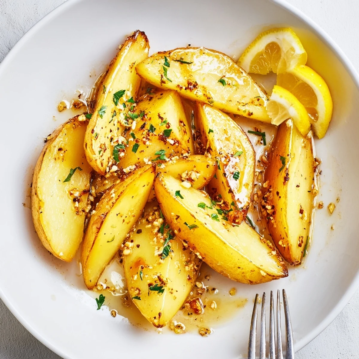 Family-style Authentic Greek Lemon Potatoes Recipe served hot next to roast lamb
