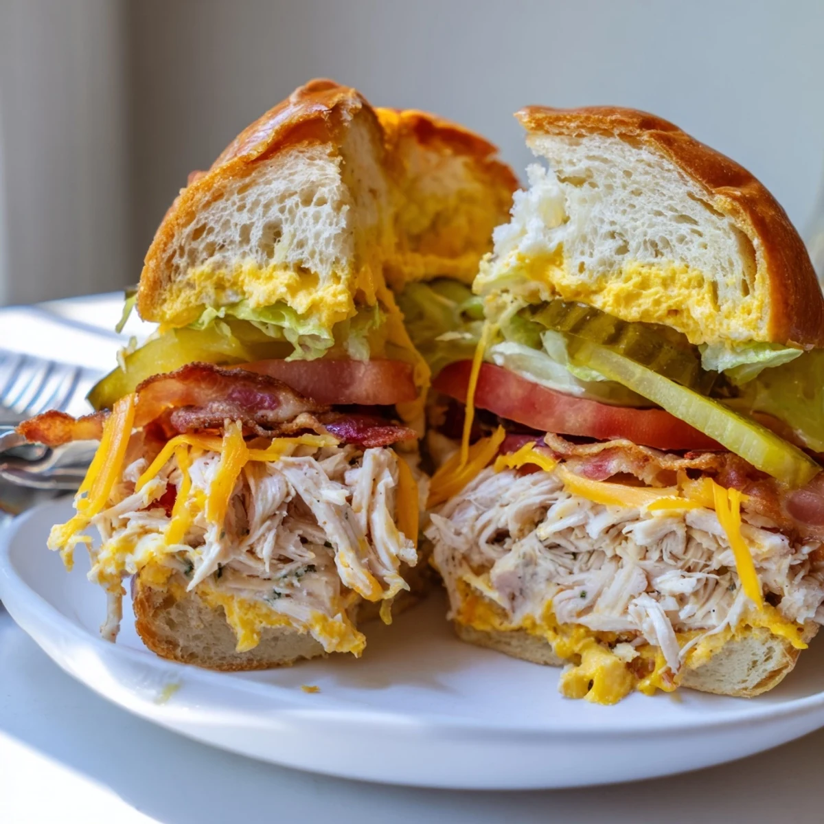 Warm Crack Chicken Sandwiches piled on brioche buns with melted cheddar